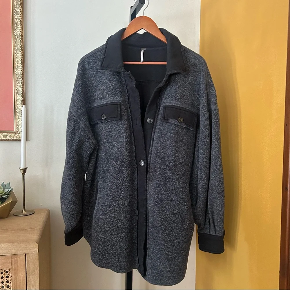 Free People Ruby Jacket Oversized Shacket Fleece Distressed Washed Black Size M - Picture 3 of 9